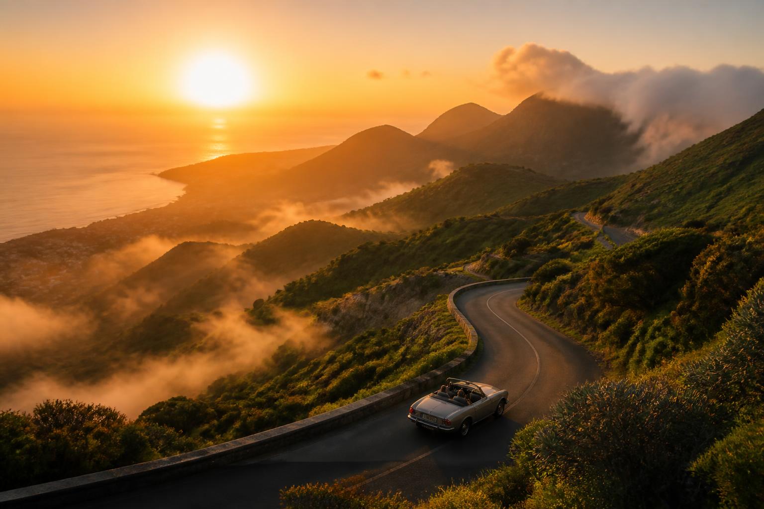 A winding coastal mountain road at golden hour